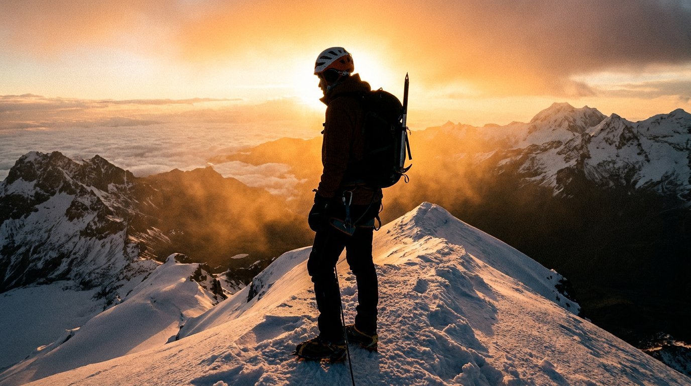 Alpinista en silueta sobre cumbre nevada al amanecer