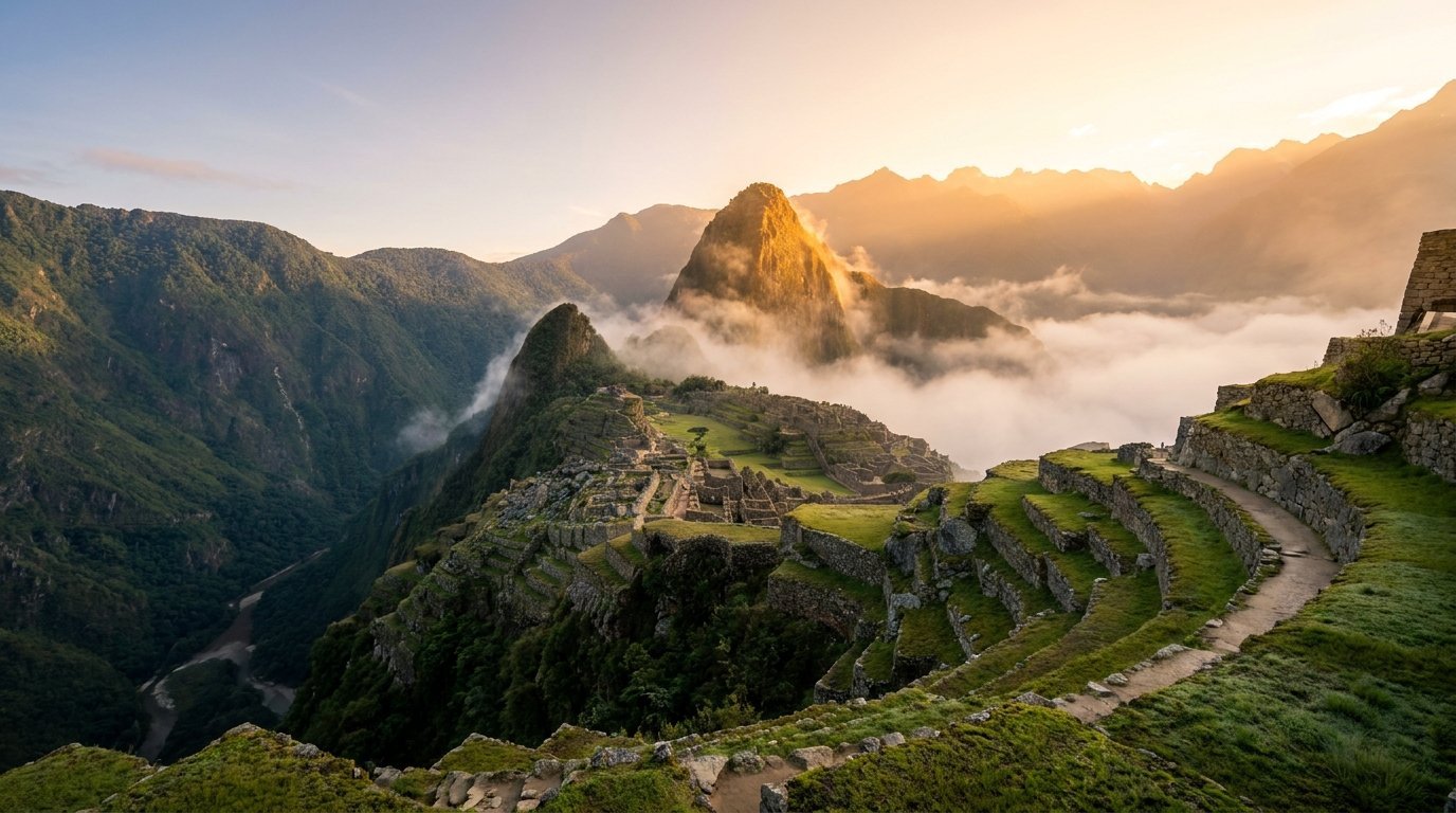 Machu Picchu al amanecer entre nubes