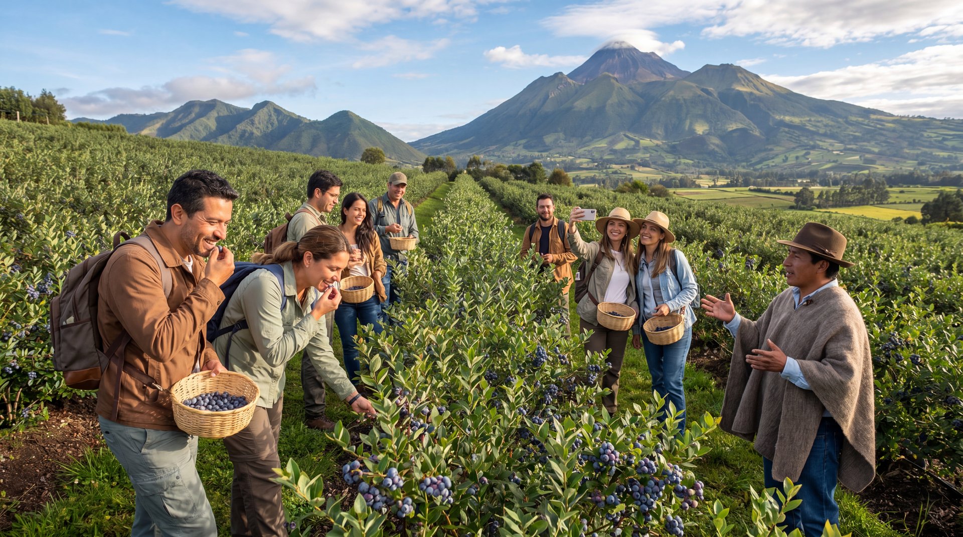 Cosecha de arándanos en Ibarra con el volcán al fondo