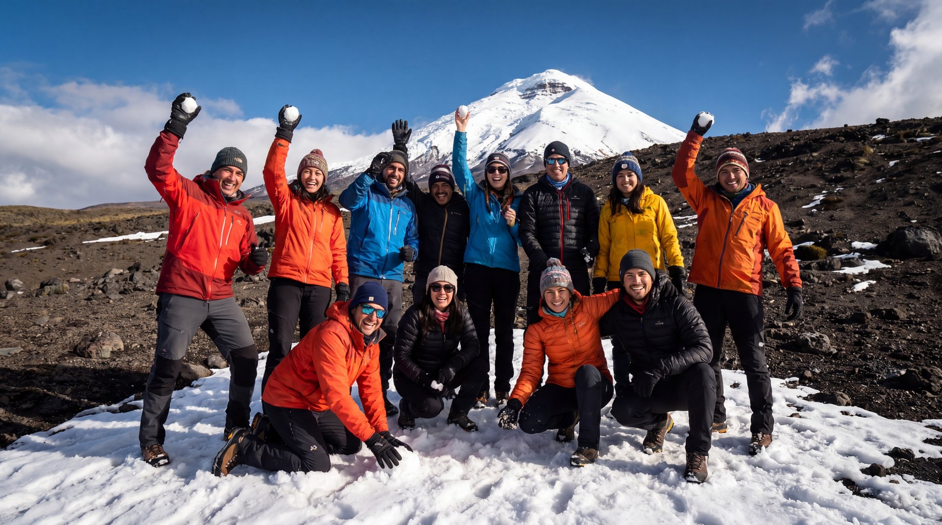 Nevado Cayambe: grupo en caminata de altura entre páramo y glaciar