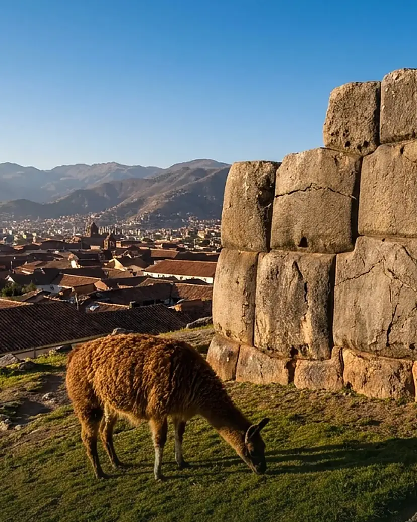 Muros incas de Sacsayhuamán con una llama y Cusco al fondo