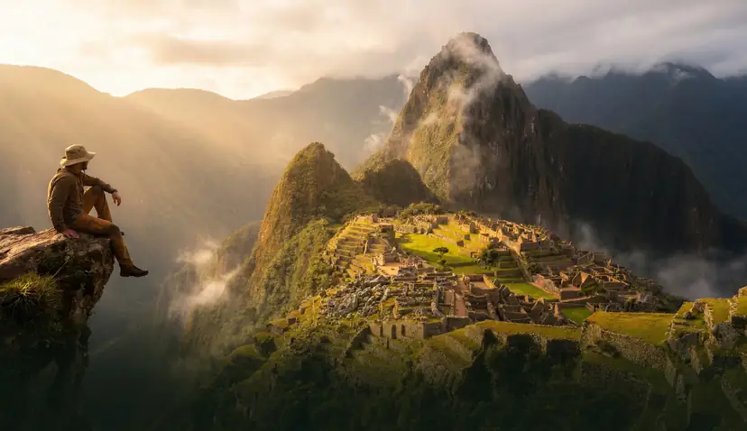 Persona sentada en una roca frente a Machu Picchu al amanecer