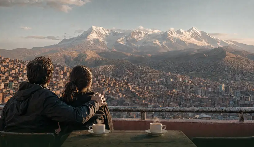 Vista del nevado Illimani desde una cafetería de La Paz