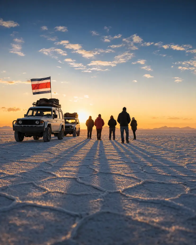 Dos 4x4 con la bandera de Costa Rica en el Salar de Uyuni al atardecer