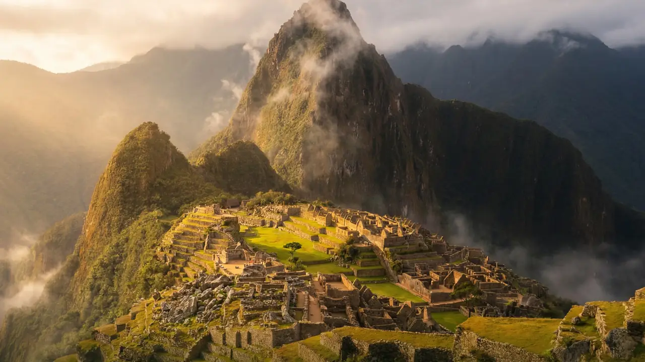 Machu Picchu al amanecer con el Huayna Picchu entre la niebla
