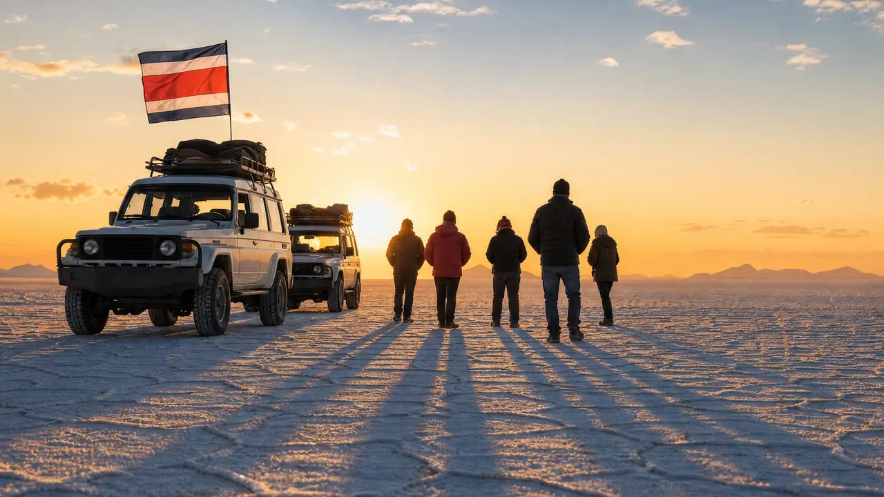 Dos 4x4 con la bandera de Costa Rica en el Salar de Uyuni al atardecer