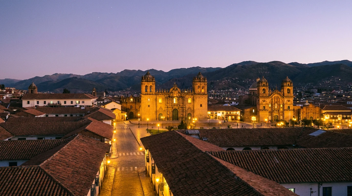 Plaza de Armas de Cusco al atardecer con sus iglesias coloniales