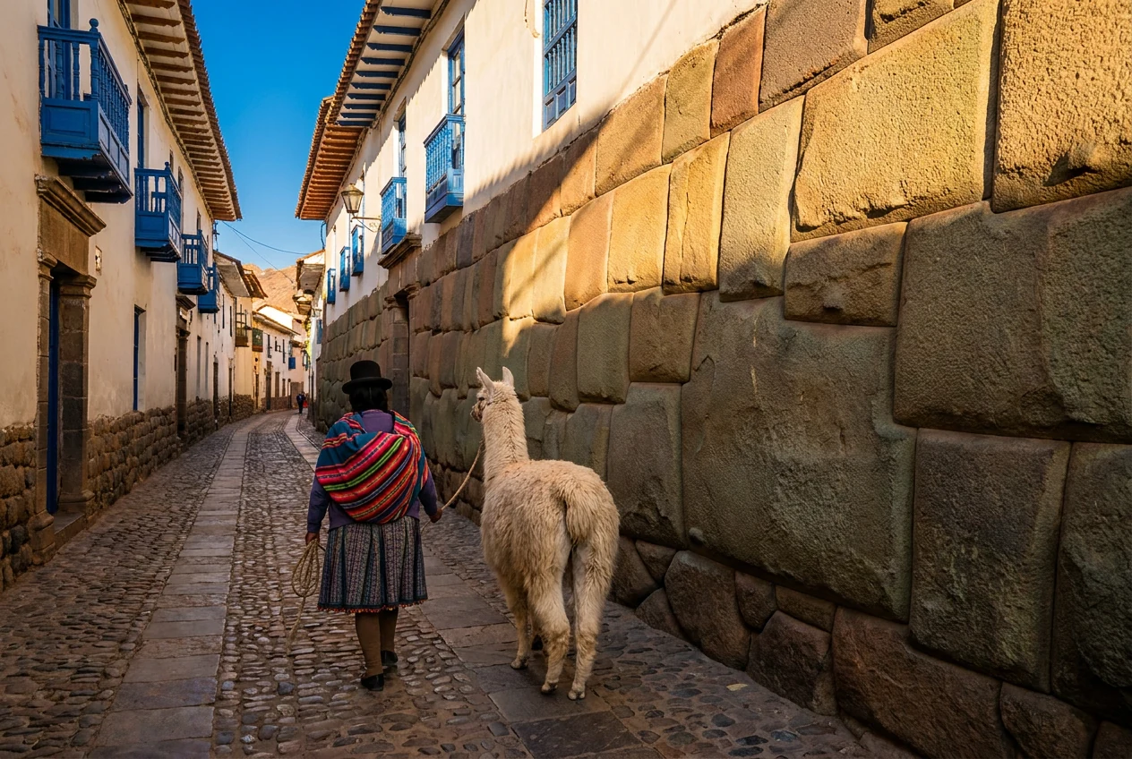Calle Hatun Rumiyoc con la Piedra de los Doce Ángulos en Cusco