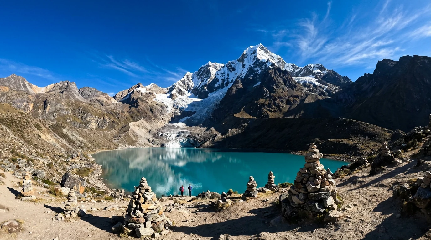Laguna Humantay turquesa al pie del nevado en la cordillera