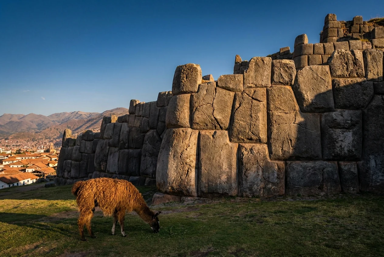 Fortaleza inca de Sacsayhuamán con sus muros megalíticos y vista a Cusco