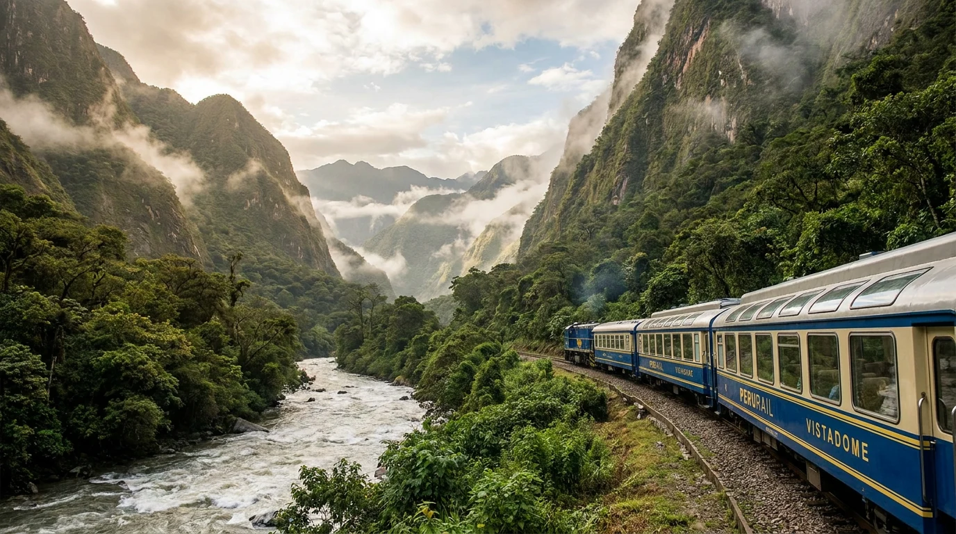 Tren PeruRail cruzando el Valle Sagrado hacia Aguas Calientes
