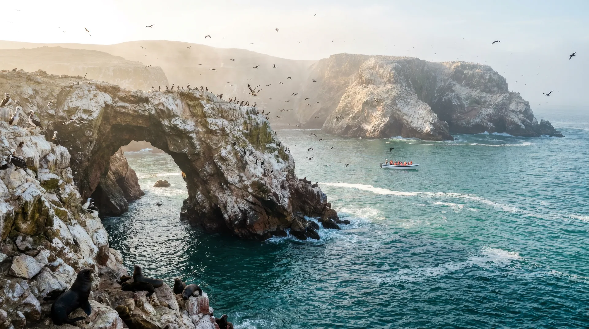Arco natural de las Islas Ballestas con lobos marinos y aves, Paracas
