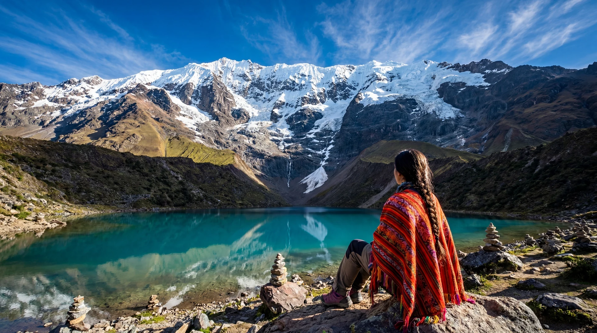 Viajera contempla la Laguna Humantay bajo el nevado Salkantay