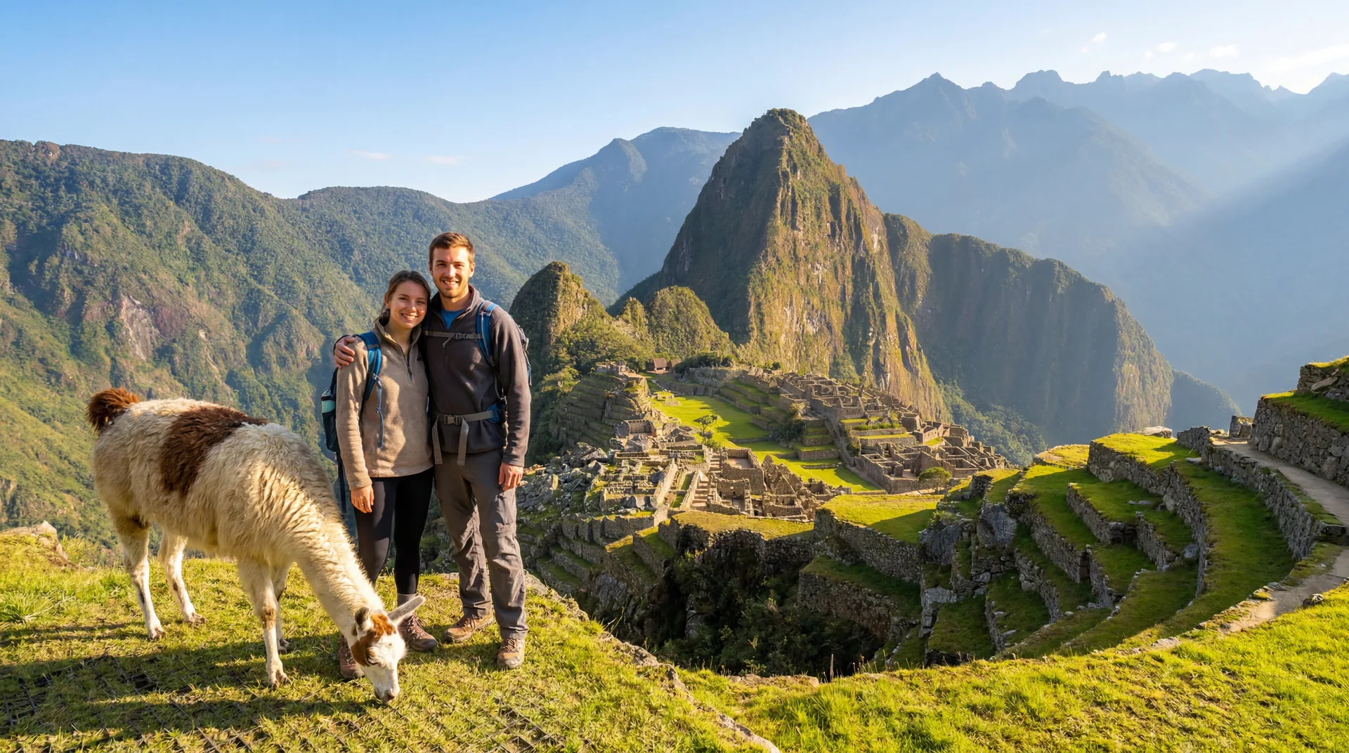 Pareja con una llama en Machu Picchu al amanecer, con el Huayna Picchu al fondo
