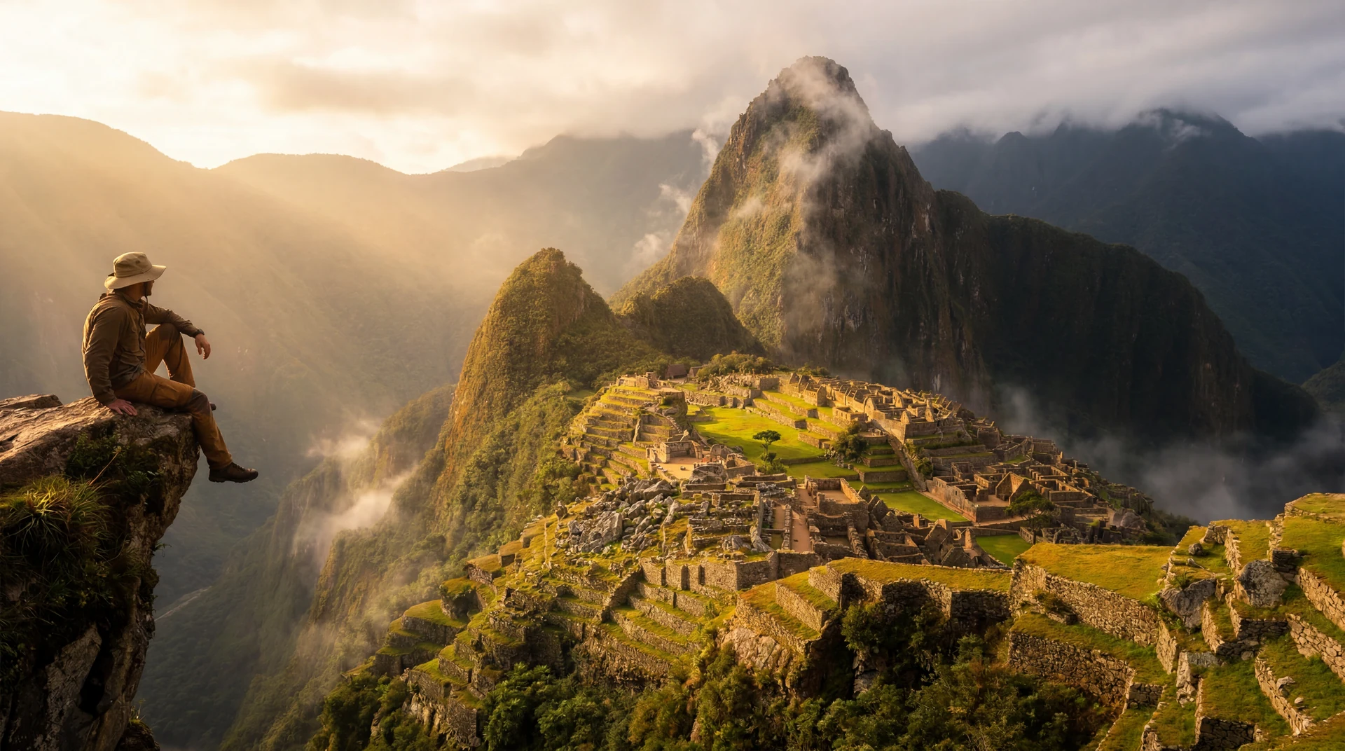 Machu Picchu al amanecer con la ciudadela inca iluminada